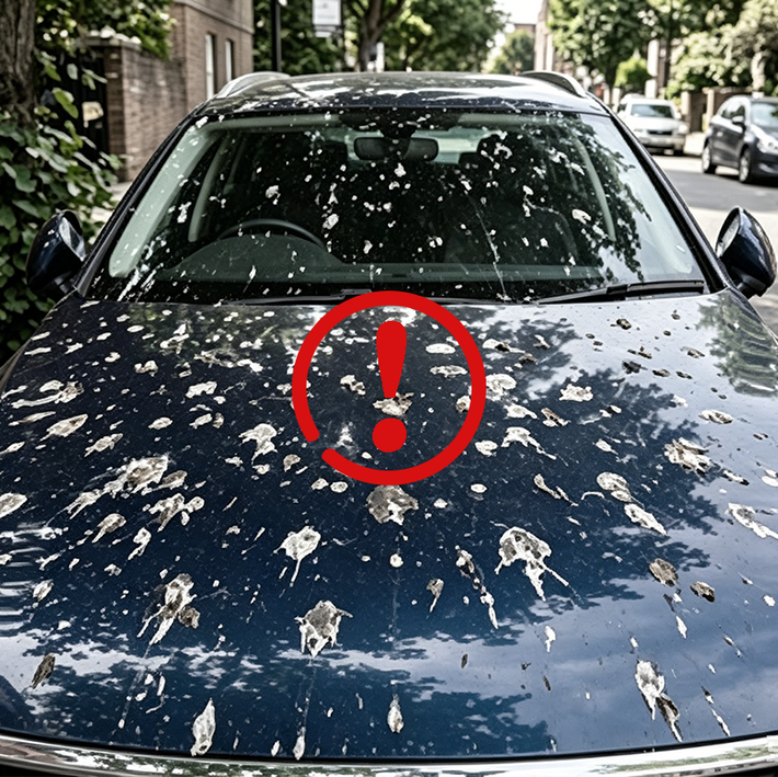 Bird droppings and insect residue on a car hood