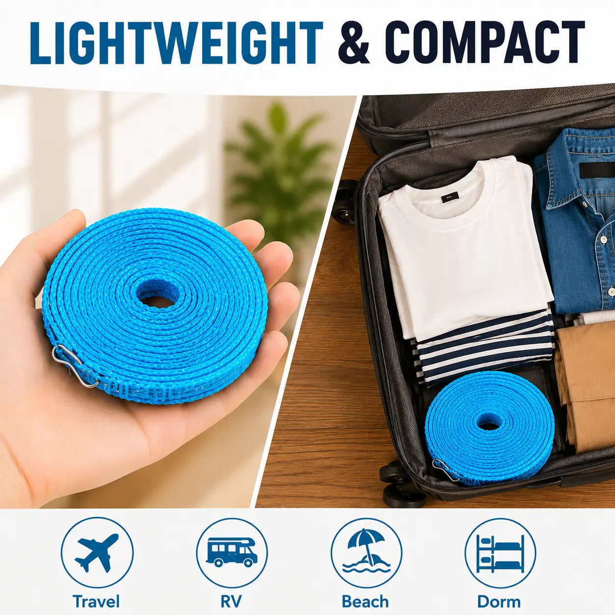 3 Roll Portable Clothesline – 196.85 Inch Adjustable Laundry Line, Windproof & Non-Slip⛺
