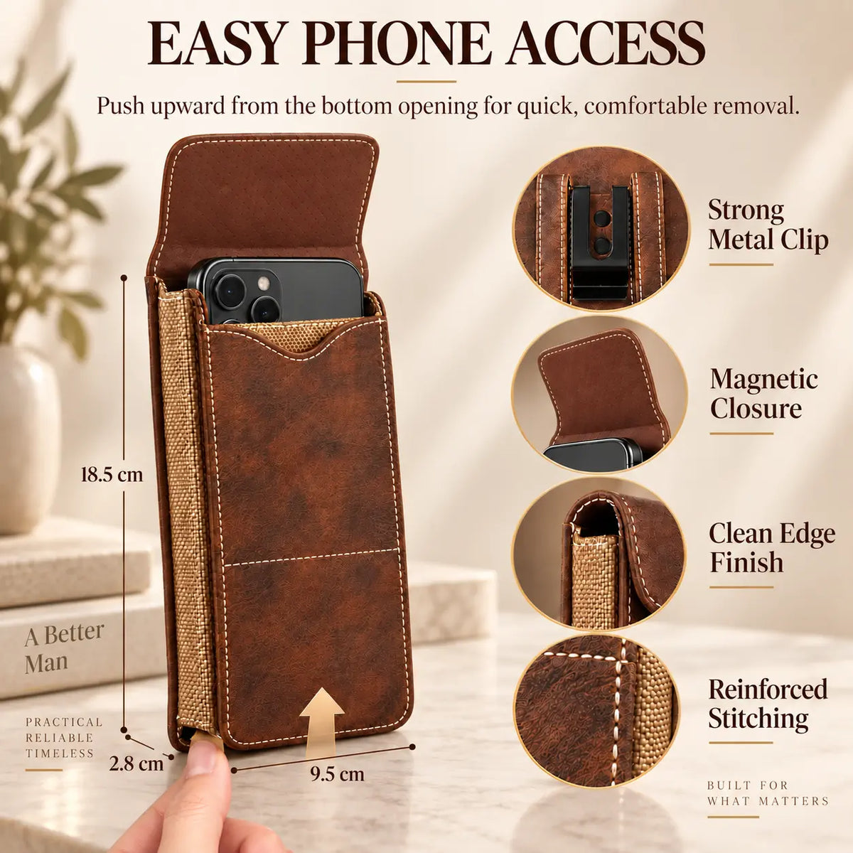 Men's Waist Phone Pouch with Card Slot, Magnetic Lock & Metal Belt Clip📱