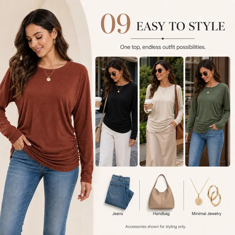 Womens Long Sleeve Shirts Ruched Hem Fall Tops Lightweight Sweaters ✨