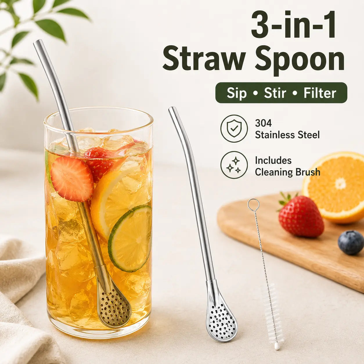 3‑Count Stainless Steel Straw‑Spoon, Multifunctional Filtered Strainer Scoop 🍹