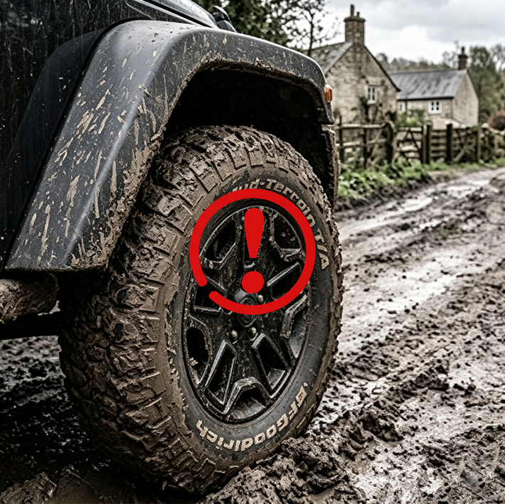Mud and greasy grime covering a vehicle wheel