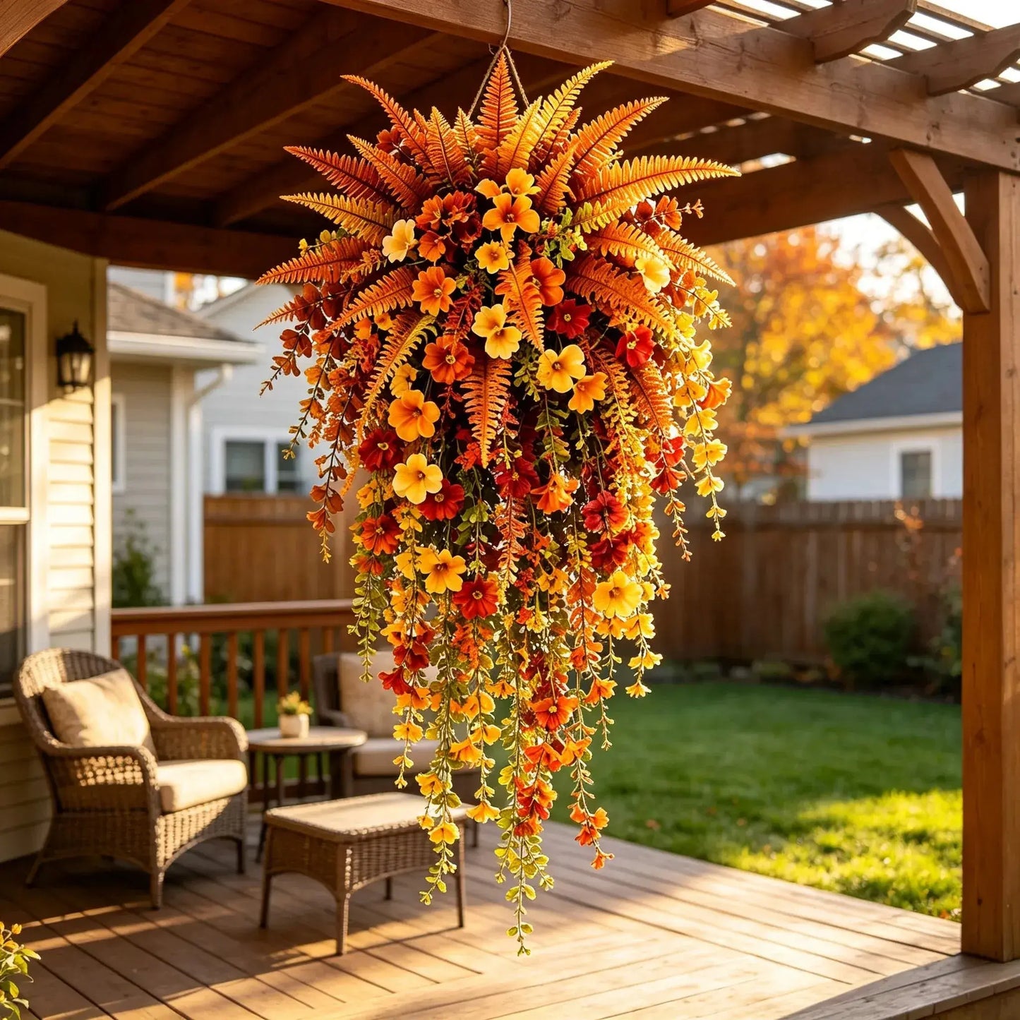 UV‑resistant artificial Boston fern plant, realistic large outdoor hanging autumn faux plant🍂