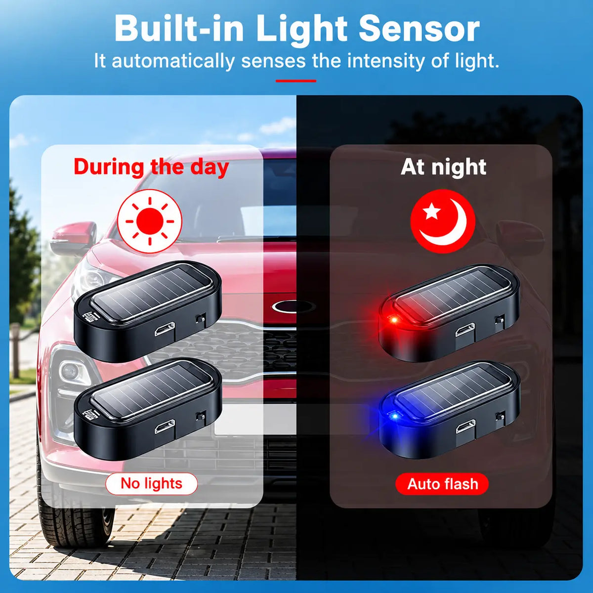 2PCS Solar Powered Fake Car Alarm Light, Auto Light Sensor LED Simulated Security Warning Flashing Light🚨