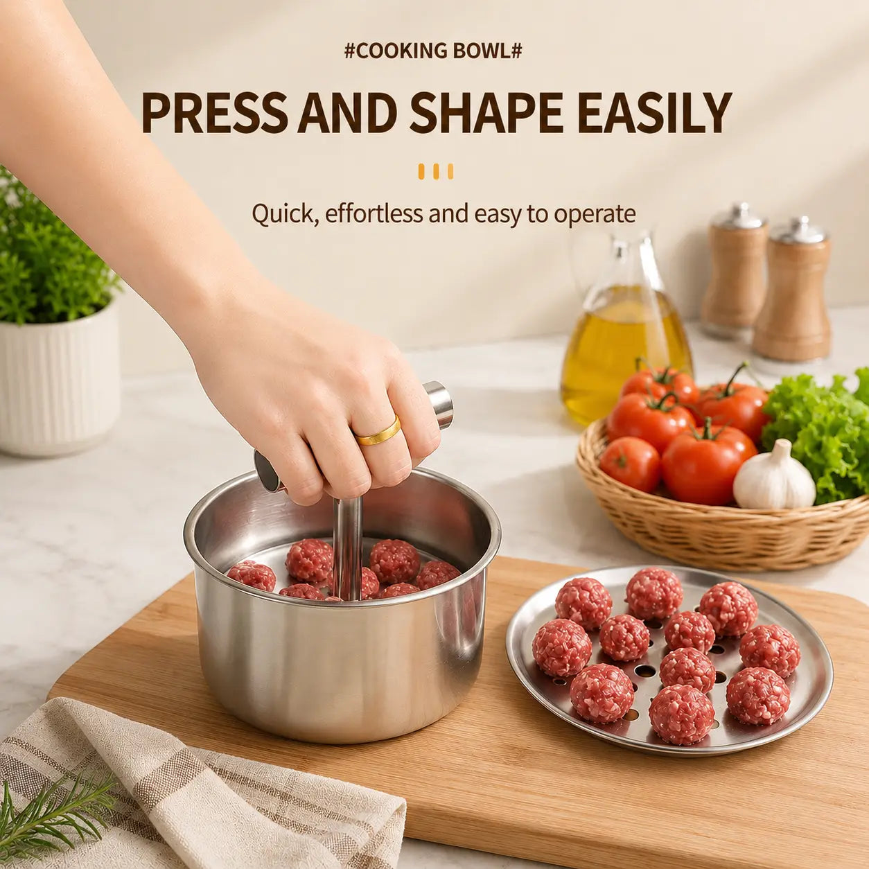 Stainless steel meatball press making meatballs