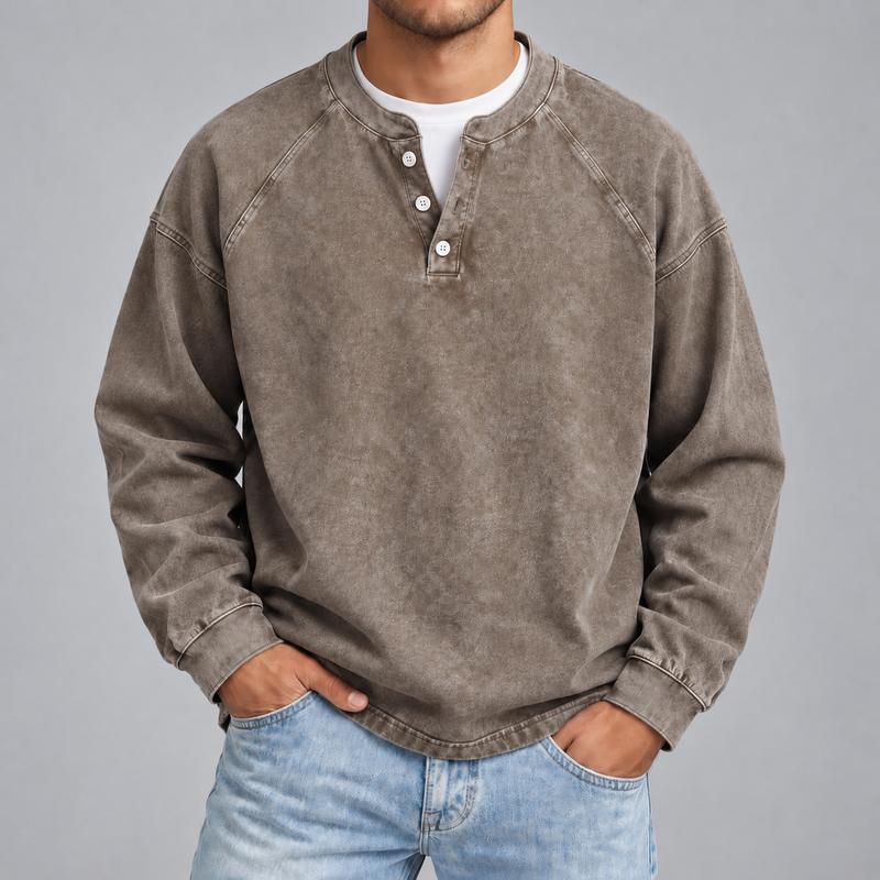 Men's Vintage Washed 3-Button Henley Long Sleeve Plain Pullover 🧥