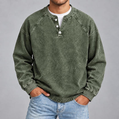 Men's Vintage Washed 3-Button Henley Long Sleeve Plain Pullover 🧥