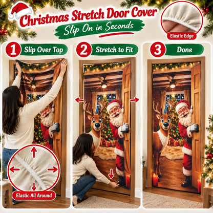 Christmas Door Cover Stretch Fit Santa & Reindeer Door Decoration with 4-Side Elastic Edges 🎅