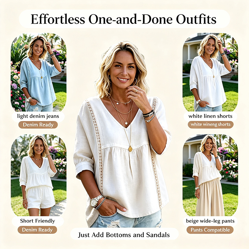 Women's Chic Loose-Fit V-Neck Lace Blouse, 3/4-Length Puff Sleeves, Side Lace Cut-Out Details👚